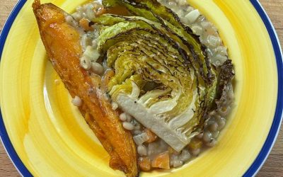Bean stew with roasted cabbage and sweet potato